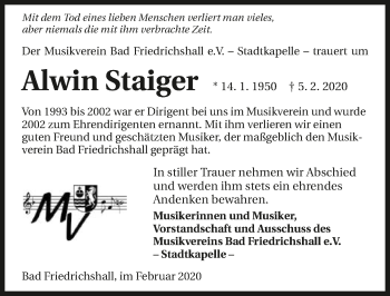 Traueranzeige von Alwin Staiger 