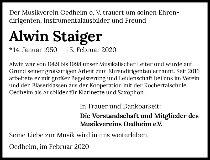  Traueranzeige für Alwin Staiger vom 22.02.2020 aus 