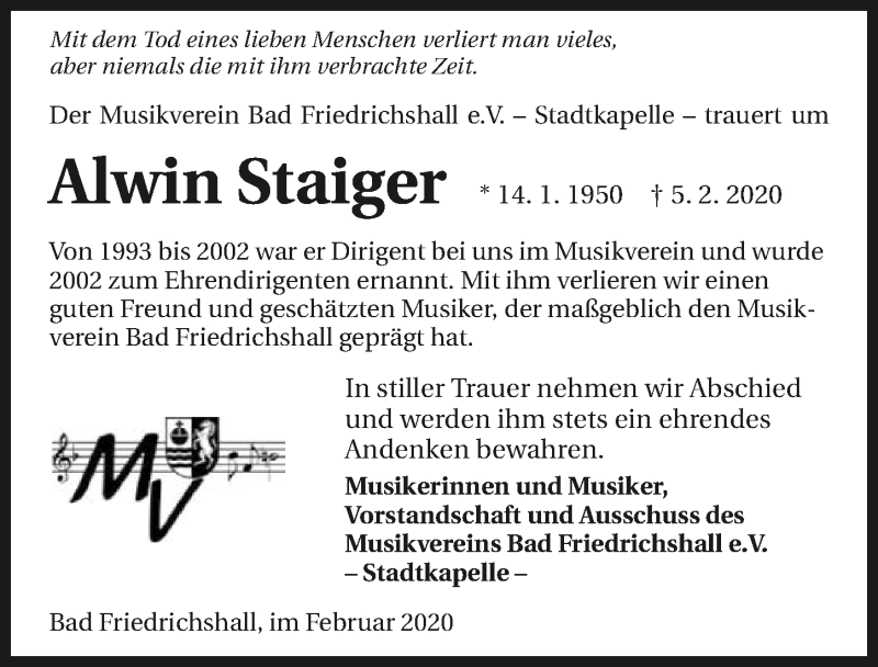  Traueranzeige für Alwin Staiger vom 22.02.2020 aus 