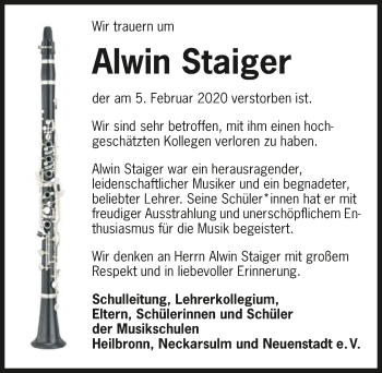 Traueranzeige von Alwin Staiger 