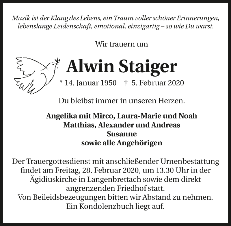  Traueranzeige für Alwin Staiger vom 25.02.2020 aus 