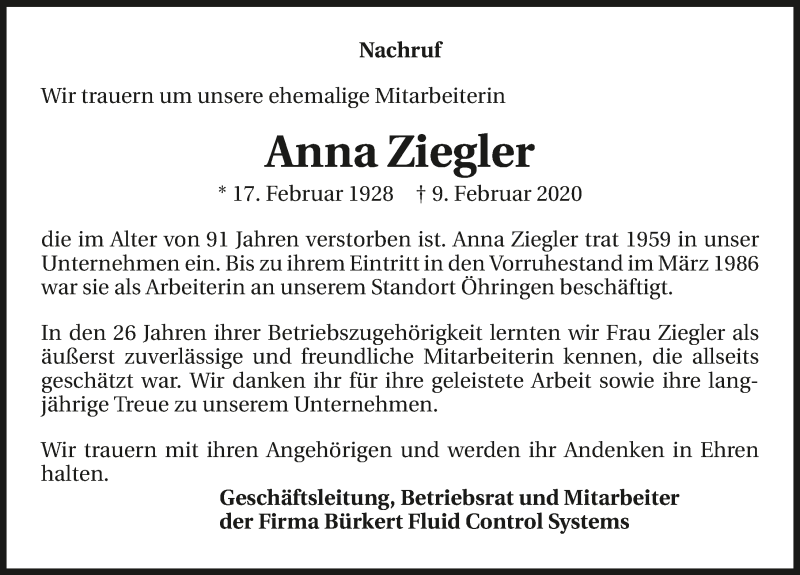  Traueranzeige für Anna Ziegler vom 29.02.2020 aus 