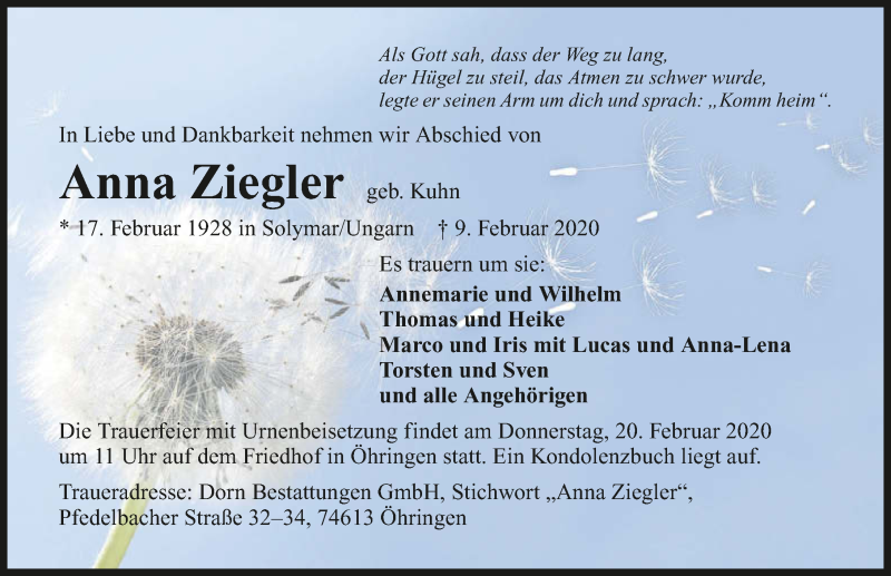  Traueranzeige für Anna Ziegler vom 15.02.2020 aus 