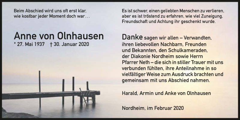  Traueranzeige für Anne von Olnhausen vom 29.02.2020 aus 