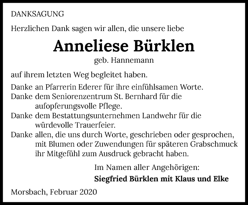  Traueranzeige für Anneliese Bürklen vom 29.02.2020 aus 