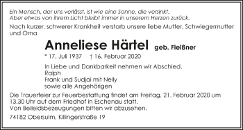 Traueranzeige von Anneliese Härtel 