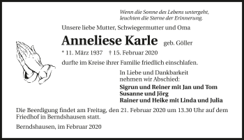 Traueranzeige von Anneliese Karle 