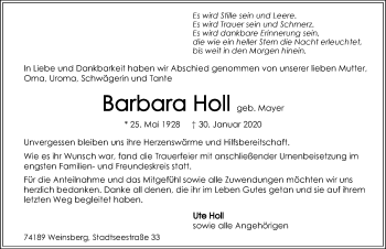Traueranzeige von Barbara Holl 