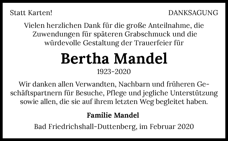  Traueranzeige für Bertha Mandel vom 22.02.2020 aus 