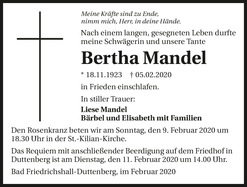 Traueranzeige für Bertha Mandel vom 08.02.2020 aus 