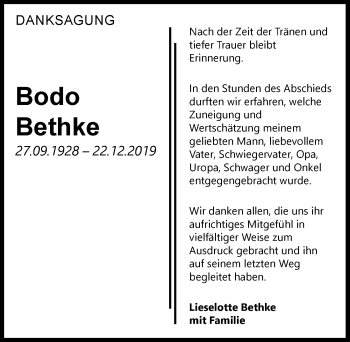 Traueranzeige von Bodo Bethke 