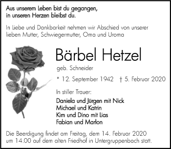 Traueranzeige von Bärbel Hetzel 