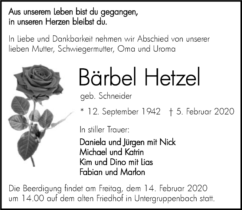  Traueranzeige für Bärbel Hetzel vom 12.02.2020 aus 