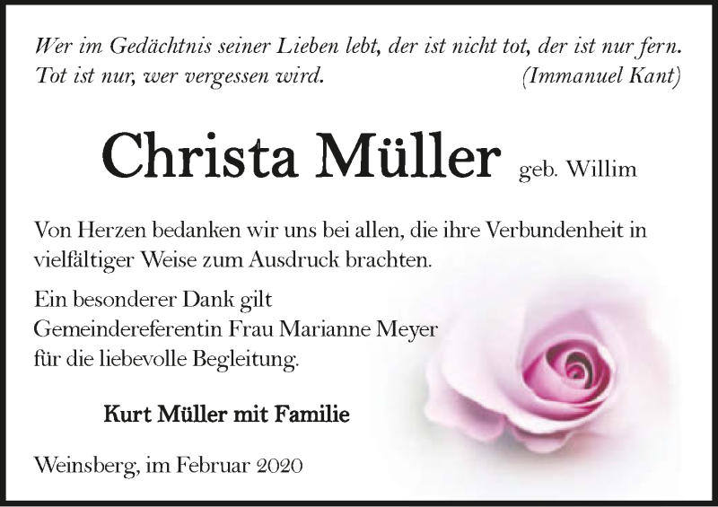  Traueranzeige für Christa Müller vom 11.02.2020 aus 