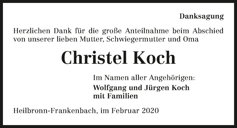  Traueranzeige für Christel Koch vom 19.02.2020 aus 