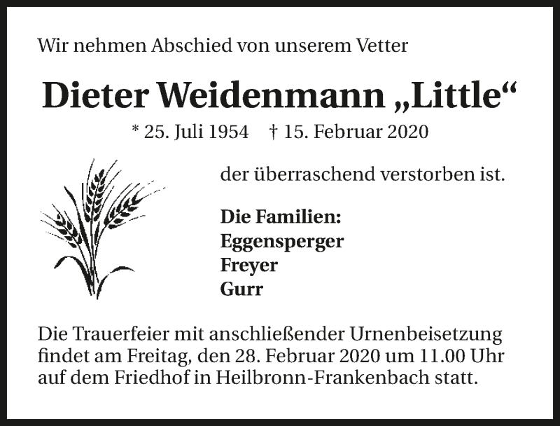  Traueranzeige für Dieter Weidenmann vom 26.02.2020 aus 