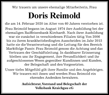 Traueranzeige von Doris Reimold 