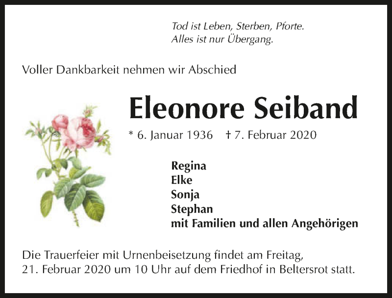  Traueranzeige für Eleonore Seiband vom 15.02.2020 aus 