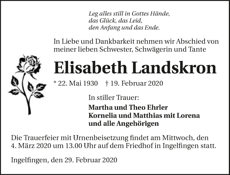  Traueranzeige für Elisabeth Landskron vom 29.02.2020 aus 