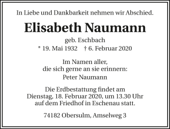 Traueranzeige von Elisabeth Naumann 