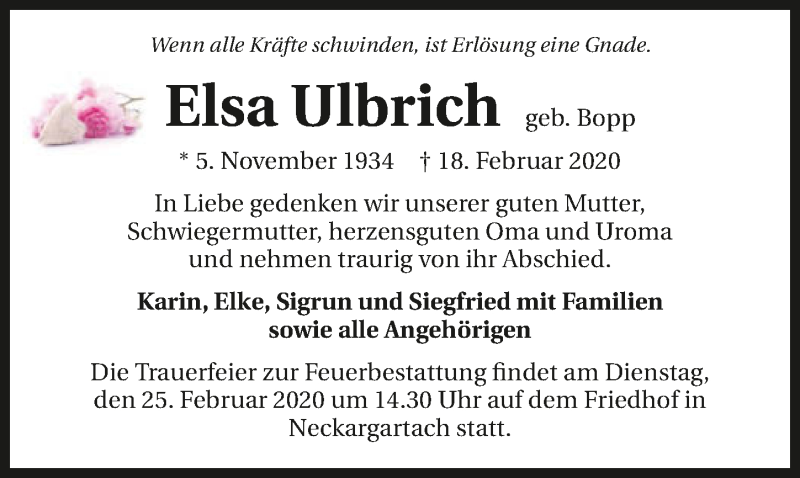  Traueranzeige für Elsa Ulbrich vom 21.02.2020 aus 