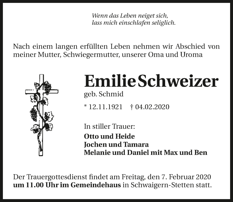  Traueranzeige für Emilie Schweizer vom 06.02.2020 aus 