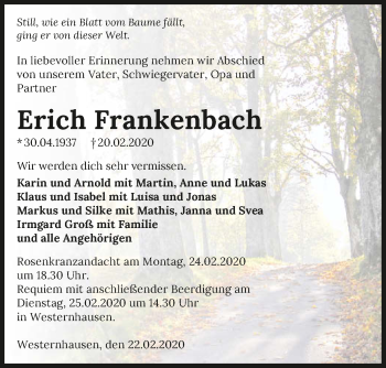 Traueranzeige von Erich Frankenbach 
