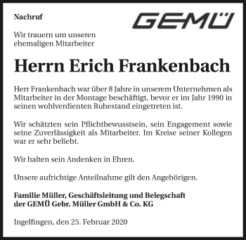 Traueranzeige von Erich Frankenbach 