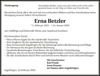 Traueranzeige von Erna Betzler 