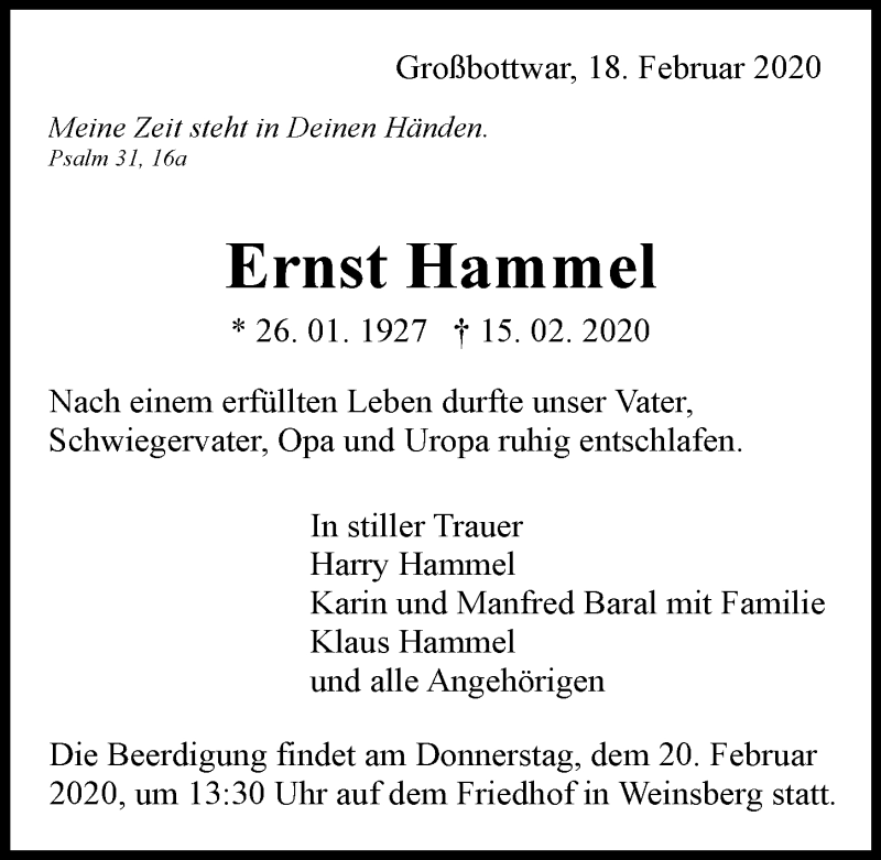  Traueranzeige für Ernst Hammel vom 18.02.2020 aus 
