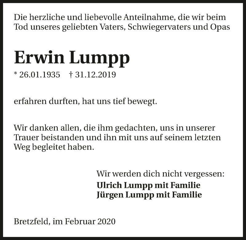  Traueranzeige für Erwin Lumpp vom 05.02.2020 aus 