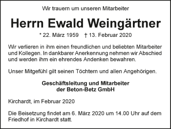 Traueranzeige von Ewald Weingärtner 