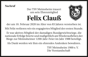 Traueranzeige von Felix Clauß 