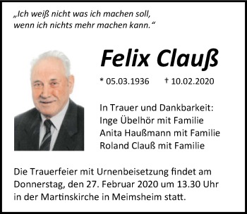 Traueranzeige von Felix Clauß 