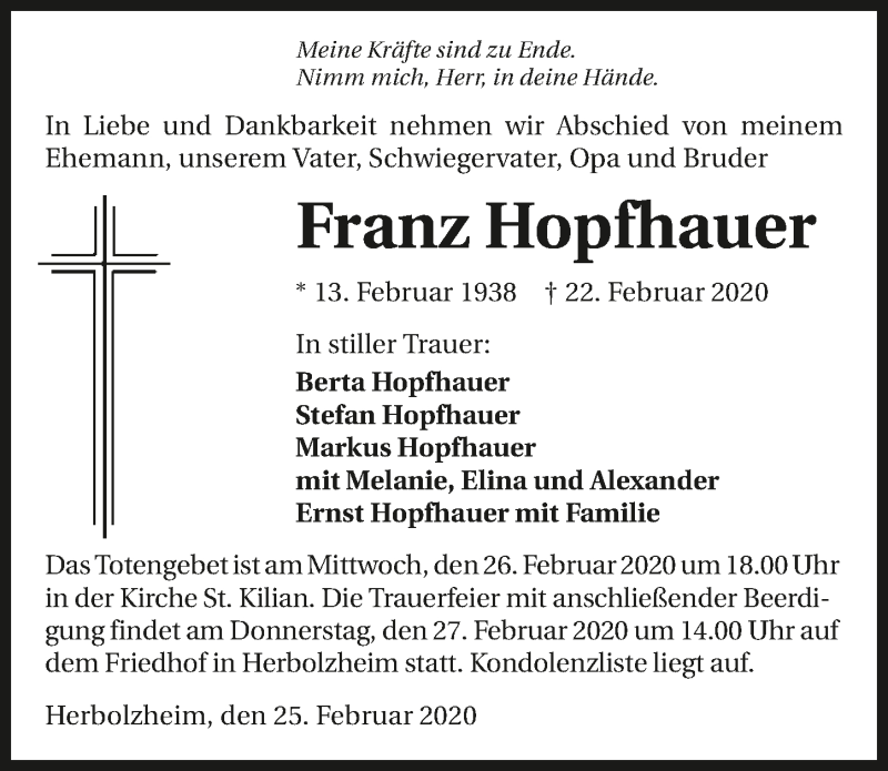  Traueranzeige für Franz Hopfhauer vom 26.02.2020 aus 