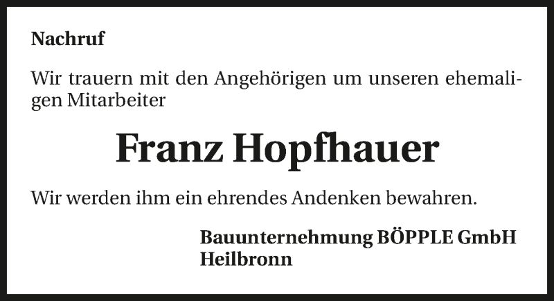  Traueranzeige für Franz Hopfhauer vom 26.02.2020 aus 