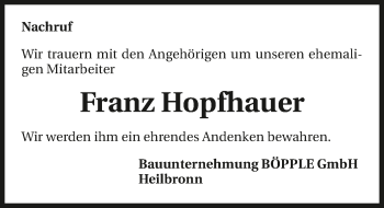 Traueranzeige von Franz Hopfhauer 