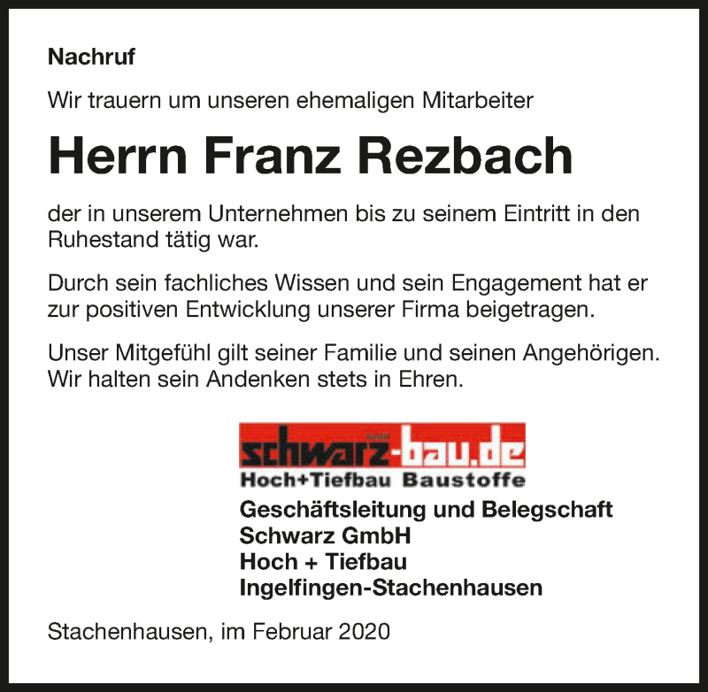  Traueranzeige für Franz Rezbach vom 15.02.2020 aus 