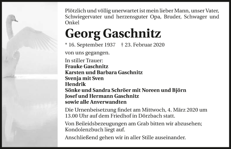  Traueranzeige für Georg Gaschnitz vom 29.02.2020 aus 