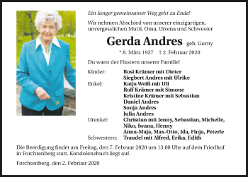 Traueranzeige von Gerda Andres 