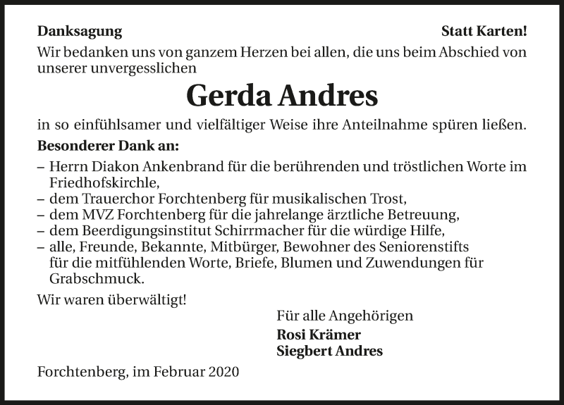  Traueranzeige für Gerda Andres vom 18.02.2020 aus 