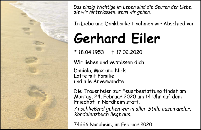  Traueranzeige für Gerhard Eiler vom 21.02.2020 aus 