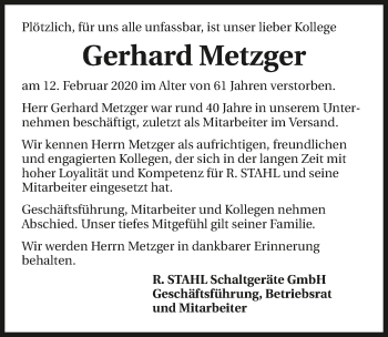 Traueranzeige von Gerhard Metzger 
