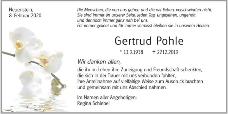  Traueranzeige für Gertrud Pohle vom 08.02.2020 aus 