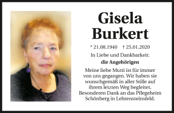 Traueranzeige von Gisela Burkert 