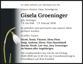 Traueranzeige von Gisela Groeninger 