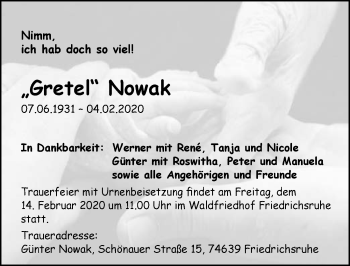 Traueranzeige von Gretel Nowak 