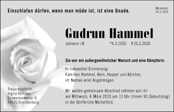 Traueranzeige von Gudrun Hammel 