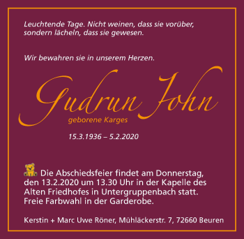 Traueranzeige von Gudrun John 