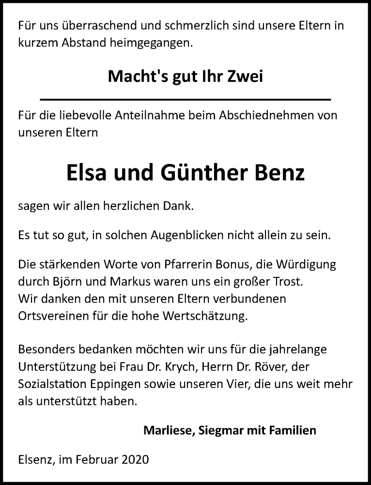  Traueranzeige für Günther Benz vom 12.02.2020 aus 